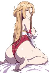 Rule 34 | 1girl, absurdres, adapted costume, ass, asuna (sao), barefoot, batta 16-sei, braid, brown hair, crown braid, elbow gloves, feet, female focus, french braid, gloves, highleg, highleg leotard, highres, leotard, lifted by self, long hair, looking at viewer, looking back, simple background, sitting, soles, solo, sword art online, toes, two-tone leotard, wariza, white background, white gloves