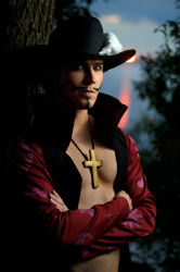 Rule 34 | 1boy, cosplay, crossed arms, dracule mihawk, dracule mihawk (cosplay), elffi, hat, highres, jewelry, male focus, necklace, one piece, onkami, open clothes, open shirt, photo (medium), shirt, solo