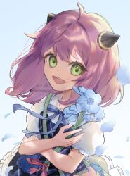 Rule 34 | 1girl, 2023, anya (spy x family), bag, blue background, blue flower, child, close-up, commentary, dated, dress, english commentary, flower, from above, gradient background, green eyes, hairpods, highres, holding, holding flower, orangecallis, pink hair, shoulder bag, smile, solo, spy x family, twitter username, white background