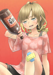 Rule 34 | 1girl, alcohol, animal print, arm support, bandaid, bandaid on knee, bandaid on leg, black shorts, blonde hair, blush, bottle, cat print, chiyo maru, collarbone, commentary request, crossed bandaids, drooling, empty bottle, feet out of frame, green eyes, half-closed eyes, hand up, head tilt, highres, holding, holding bottle, knee up, looking at object, low ponytail, messy hair, off shoulder, open mouth, orange background, original, pink shirt, print shirt, sake, shirt, shorts, simple background, sitting, solo, spaghetti strap, tearing up