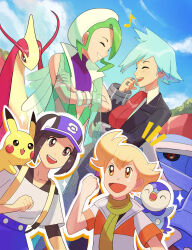 Rule 34 | 1girl, 3boys, barry (pokemon), bettie (pokemon), blonde hair, blue hair, blue sky, brown eyes, clenched hand, creatures (company), crossed arms, cuteskitty, game freak, gen 1 pokemon, gen 3 pokemon, gen 4 pokemon, highres, metagross, milotic, multiple boys, musical note, nintendo, open mouth, pikachu, piplup, pokemon, pokemon (creature), pokemon dppt, pokemon masters ex, pokemon oras, scarf, sky, smile, sparkle, steven stone, upper body, wallace (pokemon)