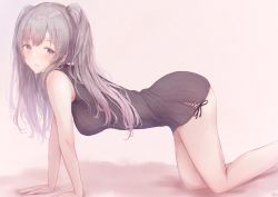 Rule 34 | 1girl, ass, bandaid, bandaid on face, bare legs, blush, breasts, cross-laced clothes, dress, feet out of frame, gameso, grey hair, hands on ground, highres, idolmaster, idolmaster shiny colors, kneeling, light smile, looking at viewer, looking to the side, medium breasts, no pants, side slit, simple background, sleeveless, sleeveless dress, solo, striped clothes, striped dress, twintails, yukoku kiriko