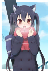 Rule 34 | 1girl, animal ears, bag, black coat, black hair, blue sky, blush, border, breath, brown eyes, buttons, cat ears, cloud, coat, commentary request, hair between eyes, highres, holding, holding bag, k-on!, long hair, long sleeves, nakano azusa, open mouth, outdoors, red scarf, scarf, school bag, sky, solo, twintails, white border, yosuzu