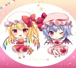 Rule 34 | 2girls, ;), ascot, bad id, bad pixiv id, bat wings, beige background, blonde hair, blue hair, bobby socks, bow, brooch, chibi, circle, commentary request, confetti, crystal, cup, dress, fang, flandre scarlet, frilled shirt collar, frills, full body, gradient background, hair ornament, hairclip, hat, hat bow, hat ribbon, head tilt, holding, holding cup, holding stuffed toy, jewelry, long hair, looking at viewer, mary janes, mayo (miyusa), mob cap, multiple girls, one eye closed, one side up, open mouth, petticoat, pink background, pink dress, pink headwear, pink legwear, pointing, puffy short sleeves, puffy sleeves, red ascot, red bow, red eyes, red footwear, red ribbon, red skirt, red vest, remilia scarlet, ribbon, shirt, shoes, short sleeves, siblings, sisters, sitting, skirt, smile, socks, standing, star (symbol), string of flags, stuffed animal, stuffed toy, teacup, teddy bear, touhou, vest, white headwear, white legwear, white shirt, wings, wrist cuffs, yellow ascot