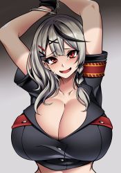 Rule 34 | 1girl, absurdres, alternate breast size, arms up, bdsm, belt, black gloves, black hair, blush, bondage, bound, braid, breasts, chestnut mouth, cleavage, commission, cropped jacket, cuffs, gloves, grey hair, hair ornament, handcuffs, highres, hololive, huge breasts, hz (666v), long hair, looking at viewer, multicolored hair, open mouth, police, police uniform, policewoman, red eyes, sakamata chloe, short sleeves, solo, streaked hair, tears, uniform, upper body, virtual youtuber
