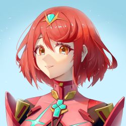 Rule 34 | 1girl, absurdres, auxar, blue background, bodysuit, eyebrows hidden by hair, hair behind ear, highres, looking at viewer, orange eyes, parted lips, portrait, pyra (xenoblade), red bodysuit, red hair, short hair, smile, solo, xenoblade chronicles (series), xenoblade chronicles 2