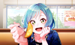 Rule 34 | aqua hair, bang dream!, blue jacket, booth seating, bow, braid, food, fork, french fries, green eyes, hair bow, hand on own face, hikawa hina, holding, holding food, holding fork, incoming food, jacket, looking at viewer, medium hair, open mouth, poster (object), restaurant, scene outside window, smile, toto (sa-dosama), twin braids, window