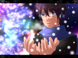 Rule 34 | 1boy, bad id, bad pixiv id, bespectacled, black hair, blue eyes, blue scarf, cosplay, glasses, headphones, headset, hiyama kiyoteru, kaito (vocaloid), kaito (cosplay), letterboxed, male focus, md5 mismatch, minato usagi, scarf, snow, solo, upper body, vocaloid