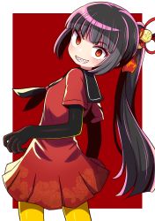 Rule 34 | 1girl, black gloves, black hair, black sailor collar, bow, character request, commentary request, dohna dohna issho ni warui koto o shiyou, dress, elbow gloves, evil grin, evil smile, female focus, gloves, grin, hair ornament, highres, looking at viewer, looking to the side, naga u, pantyhose, pleated dress, ponytail, red bow, red dress, red eyes, sailor collar, sailor dress, sharp teeth, short sleeves, slit pupils, smile, solo, teeth, two-tone background, uneven eyes, white background, yellow pantyhose