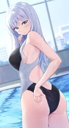 Rule 34 | 1girl, adjusting clothes, adjusting swimsuit, ass, black one-piece swimsuit, blue eyes, blush, breasts, building, city, closed mouth, hair between eyes, highleg, highres, long hair, looking at viewer, looking back, looking to the side, medium breasts, one-piece swimsuit, original, pasdar, pool, poolside, sideboob, solo, standing, swimsuit, two-tone swimsuit, wet, white hair, white one-piece swimsuit, window