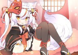 Rule 34 | 1girl, :p, animal ears, bell, black kimono, black thighhighs, collar, fox ears, fox girl, fox mask, fox tail, frilled sleeves, frills, hair bell, hair ornament, highres, indie virtual youtuber, japanese clothes, jingle bell, kamiko kana, kimono, kimono skirt, long hair, long sleeves, looking at viewer, mask, mask on head, multicolored hair, neck bell, orange hair, pillow, pleated skirt, second-party source, sitting, skirt, streaked hair, tail, thighhighs, tongue, tongue out, two-tone hair, two side up, virtual youtuber, white hair, wide sleeves, yellow eyes, yukijiro