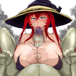Rule 34 | absurdres, breasts, fellatio, hat, high school dxd, highres, huge breasts, huge penis, lipstick, lipstick mark, makeup, novalasin, oral, paizuri, penis, red hair, rias gremory, witch hat