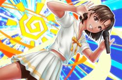 Rule 34 | 1girl, aragaki kokoa, bike shorts under skirt, blush, brown eyes, brown hair, child, colorful dolce, dress, feet out of frame, female focus, grin, holding, holding microphone, idol, looking at viewer, microphone, midriff peek, music, nakanocchi, neck ribbon, ribbon, sailor collar, sailor dress, short hair, singing, smile, solo, sun symbol, tan, teeth, thighs, yellow ribbon