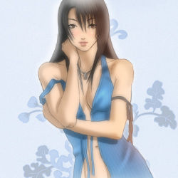 Rule 34 | 1990s (style), 1girl, asymmetrical bangs, bare arms, bare shoulders, blue background, breasts, brown ribbon, cleavage, collarbone, final fantasy, final fantasy viii, jewelry, lips, long hair, looking at viewer, lowres, medium breasts, navel, necklace, open clothes, pink lips, retro artstyle, ribbon, rinoa heartilly, seductive smile, simple background, smile, solo, stomach, strap slip