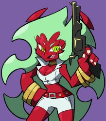 Rule 34 | 10s, 1girl, bad id, bad pixiv id, bangle, belt, bracelet, breasts, choker, cleavage, colored skin, contrapposto, crop top, demon girl, green eyes, green hair, gun, hand on own hip, handgun, high collar, horns, jewelry, large breasts, long hair, matching hair/eyes, midriff, multicolored eyes, navel, official style, panty &amp; stocking with garterbelt, pistol, red skin, revolver, scanty (psg), shenanimation, shorts, simple background, solo, standing, very long hair, weapon, yellow eyes