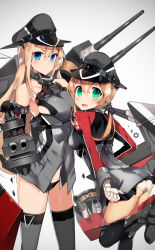 Rule 34 | 10s, 2girls, aiming, aiming at viewer, anchor hair ornament, ass, bare shoulders, bismarck (kancolle), black legwear, black panties, blonde hair, blue eyes, blush, boots, breasts, brown gloves, cross, detached sleeves, gloves, green eyes, grey legwear, hair ornament, hat, iron cross, kantai collection, large breasts, long hair, long sleeves, looking at viewer, looking back, machinery, medium breasts, military, military hat, military uniform, multiple girls, open mouth, panties, peaked cap, pleated skirt, prinz eugen (kancolle), skirt, standing, tetsubuta, thighhighs, tongue, torn clothes, torn skirt, twintails, underwear, uniform, wavy mouth, white gloves, white panties