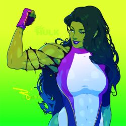 Rule 34 | 1girl, abs, breasts, colored skin, fingerless gloves, gloves, gradient background, green background, green hair, green skin, large breasts, lipstick, long hair, makeup, marvel, muscular, muscular female, she-hulk, shirt, smile, the art mage, torn clothes, torn shirt, yellow background