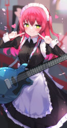 Rule 34 | + +, 1girl, absurdres, apron, black dress, blush, bocchi the rock!, closed mouth, dress, electric guitar, from above, green eyes, guitar, haidollo, hair between eyes, heart, highres, index fingers raised, instrument, juliet sleeves, kita ikuyo, long hair, long sleeves, looking at viewer, maid apron, maid headdress, multicolored clothes, multicolored dress, one side up, pointing, pointing at self, puffy sleeves, red hair, sleeve cuffs, smile, solo, waist apron, white apron