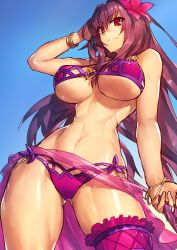 Rule 34 | &gt;:(, 1girl, adapted costume, bare shoulders, bikini, bracelet, breasts, closed mouth, cowboy shot, fate/grand order, fate (series), flower, frown, gluteal fold, groin, hair flower, hair ornament, hibiscus, highres, jewelry, large breasts, long hair, looking at viewer, melon22, navel, purple bikini, purple hair, red eyes, sarong, scathach (fate), scathach (fate/grand order), scathach (swimsuit assassin) (fate), solo, swimsuit, underboob, v-shaped eyebrows, very long hair