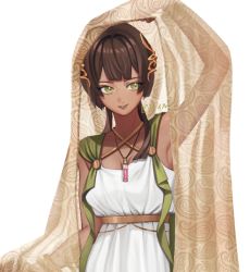 Rule 34 | 1girl, arm up, blunt bangs, breasts, brown hair, cleavage, dark-skinned female, dark skin, dress, green eyes, jewelry, long hair, looking at viewer, low twintails, necklace, original, pil tor, smile, solo, twintails, veil, white dress