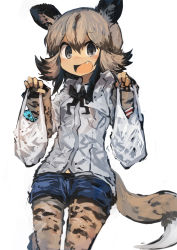 Rule 34 | 10s, 1girl, absurdres, african wild dog (kemono friends), african wild dog print, animal ears, bag, bow, bowtie, brown hair, commentary request, cowboy shot, denim, denim shorts, dog ears, dog tail, fang, hair between eyes, highres, kaamin (mariarose753), kemono friends, light brown hair, multicolored hair, open mouth, pantyhose, shopping bag, short hair, shorts, solo, tail