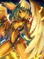 Rule 34 | 1girl, breasts, center opening, edobox, feathers, green eyes, green hair, grin, head wings, looking at viewer, matching hair/eyes, navel, original, smile, solo, wings