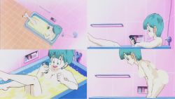 Rule 34 | 1990s (style), 1girl, :d, :o, aqua eyes, aqua hair, barefoot, bath, bathing, bathroom, bent over, blunt bangs, bottle, breasts, bubble bath, bulma, censored, clenched hand, collage, convenient censoring, crossed legs, dragon ball, dragonball z, dutch angle, faucet, from above, from side, hands on own knees, happy, highres, holding, indoors, kneepits, leaning forward, legs up, looking down, medium breasts, multiple views, open mouth, parted lips, partially submerged, profile, retro artstyle, screencap, short hair, shower head, sitting, smile, soap bubbles, standing, tile floor, tiles, water