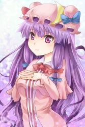 Rule 34 | 1girl, bad id, bad pixiv id, bow, female focus, hair ribbon, hands on own chest, hat, hat ribbon, interlocked fingers, long hair, mamepon, patchouli knowledge, pink bow, purple eyes, purple hair, ribbon, solo, touhou