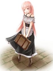 Rule 34 | 1girl, absurdres, boots, collar, collarbone, highres, long hair, luggage, maid, original, pink eyes, pink hair, pink theme, solo, user gzzt7583