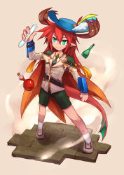 Rule 34 | 1boy, alternate color, antlers, belt, black belt, blue headwear, cape, cavalier hat, closed mouth, collared shirt, commentary request, dragon boy, dragon tail, emon-yu, flask, full body, genetic (ragnarok online), green necktie, green shorts, hair between eyes, horns, jacket, long hair, male focus, necktie, official alternate costume, orange cape, potion, ragnarok online, red hair, round-bottom flask, shirt, shoes, shorts, smile, socks, solo, standing, tail, vial, white jacket, white shirt, white socks