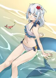 Rule 34 | 1girl, bare arms, bare legs, bare shoulders, beach, bikini, blue eyes, blue hair, blunt bangs, breasts, commentary, day, ebi-chan (gawr gura), feet out of frame, fins, fish tail, flower, frilled bikini, frills, gawr gura, hair flower, hair ornament, highres, hololive, hololive english, long hair, looking at viewer, midriff, multicolored hair, navel, outdoors, shark tail, shrimp, sitting, small breasts, smile, solo, streaked hair, striped bikini, striped clothes, swimsuit, tail, tanabe (fueisei), two-tone hair, two side up, virtual youtuber, water, white hair