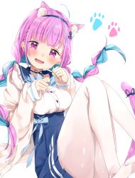 Rule 34 | :d, ahoge, anchor hair ornament, animal ear fluff, animal ears, blue choker, blue hair, blue hairband, blue nails, blue sky, blunt bangs, blush, braid, breasts, cat ears, choker, extra ears, frilled sailor collar, frills, hair ornament, hairband, high-waist skirt, highres, hololive, jacket, long hair, looking at viewer, low twin braids, medium breasts, minato aqua, minato aqua (sailor), nail polish, no shoes, open clothes, open jacket, open mouth, pantyhose, pink eyes, pink hair, pleated skirt, sailor collar, shirt, simple background, skirt, sky, smile, tatsuyoshi (zawahomura), twin braids, twintails, virtual youtuber, white background, white jacket, white pantyhose, white shirt