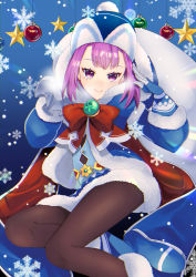 Rule 34 | 1girl, ankh, badge, bauble, beanie, blue background, blue coat, blue dress, blue footwear, blue gloves, blue hat, boots, bow, breasts, brown pantyhose, christmas ornaments, closed mouth, coat, dress, fate/grand order, fate/grand order arcade, fate (series), fur-trimmed coat, fur-trimmed dress, fur trim, gloves, hat, helena blavatsky (christmas) (fate), helena blavatsky (fate), large bow, long sleeves, looking at viewer, merokonbu0, pantyhose, purple eyes, purple hair, red bow, sack, short hair, small breasts, smile, snowflakes, solo