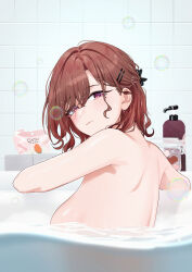 Rule 34 | 1girl, absurdres, air bubble, back, bathing, bathroom, breasts, brown hair, bubble, commentary, completely nude, highres, higuchi madoka, idolmaster, idolmaster shiny colors, looking at viewer, looking back, looking to the side, medium breasts, mole, mole under eye, nonbire, nude, partially submerged, red eyes, solo, tile wall, tiles