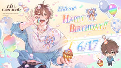 Rule 34 | 1boy, :p, balloon, belt, blue jacket, brown belt, brown eyes, candle, chibi, cream, cream on body, cream on face, cupcake, eiden (nu carnival), food, food on face, gem, happy birthday, hat, highres, jacket, jewelry, light brown hair, long sleeves, looking at viewer, male focus, navel, necklace, nu carnival, official art, open clothes, open jacket, open mouth, party hat, ribbon, short hair, smile, striped ribbon, tongue, tongue out, zipper