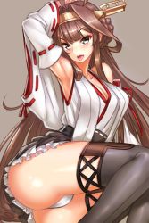 Rule 34 | 10s, 1girl, :p, ahoge, arm up, armpits, ass, blush, boots, breasts, brown hair, detached sleeves, double bun, female focus, hair bun, hairband, headgear, japanese clothes, kantai collection, kongou (kancolle), large breasts, long hair, looking at viewer, nontraditional miko, panties, pantyshot, ribbon-trimmed sleeves, ribbon trim, simple background, skirt, smile, solo, thigh boots, thighhighs, tongue, tongue out, underwear, white panties, yapo (croquis side)