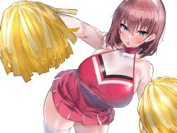 Rule 34 | 1girl, absurdres, armpit peek, arms up, blouse, blue eyes, blush, breasts, brown hair, cheerleader, cleavage, covered erect nipples, female focus, hairband, highres, holding, large breasts, looking at viewer, medium hair, miniskirt, mitsudoue, no bra, open mouth, original, pleated skirt, pom pom (cheerleading), red shirt, red skirt, shirt, skin tight, skindentation, skirt, sleeveless, sleeveless shirt, solo, sweat, taut clothes, taut shirt, thighhighs, thighs, wet, wet clothes, wet shirt, white background, white thighhighs