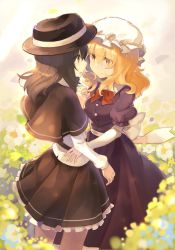 Rule 34 | 2girls, black capelet, black skirt, blonde hair, bow, bowtie, breasts, brown eyes, brown hair, brown hat, capelet, commentary request, cowboy shot, dress, eye contact, eyes visible through hair, falken (yutozin), fedora, field, flower, flower field, hair between eyes, hat, highres, holding hands, interlocked fingers, long hair, long sleeves, looking at another, maribel hearn, medium breasts, mob cap, multiple girls, parted lips, petticoat, profile, puffy short sleeves, puffy sleeves, purple dress, red bow, red neckwear, shirt, short sleeves, skirt, smile, standing, thighs, touhou, usami renko, white flower, white hat, white shirt, white sleeves, yellow eyes, yuri