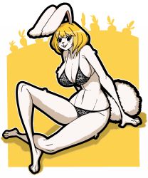 Rule 34 | 1girl, animal ears, bare legs, black eyes, blonde hair, body fur, bra, breasts, carrot (one piece), cleavage, full body, furry, furry female, hypfoo, large breasts, looking at viewer, navel, one piece, panties, rabbit ears, rabbit tail, short hair, smile, snout, solo, tail, underwear