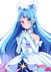 Rule 34 | 1girl, absurdres, ascot, blue eyes, blue hair, blush, bow, brooch, cosplay, cure prism, cure prism (cosplay), cure sky, dress, dress bow, earrings, elbow gloves, glove bow, gloves, highres, hirogaru sky! precure, jewelry, layered dress, long hair, looking at viewer, magical girl, medium dress, precure, s-operator, smile, solo, sora harewataru, white ascot, white dress, white gloves, wing brooch