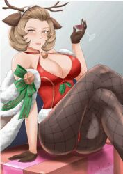 Rule 34 | 1girl, alcohol, animal ears, animated, animated gif, antlers, ass, bare shoulders, bell, blinking, blush, breasts, brown gloves, brown hair, cameltoe, cape, capelet, christmas, cleavage, cup, deer ears, drink, drinking glass, fake animal ears, fake antlers, female focus, fire emblem, fire emblem: three houses, fire emblem heroes, fur-trimmed capelet, fur trim, glass cup, gloves, heart, horns, huge ass, intelligent systems, large breasts, leotard, lowres, manuela casagranda, mistletoe, neck bell, nintendo, one eye closed, orange eyes, pantyhose, red leotard, rinku bny, shiny clothes, shiny skin, short hair, solo, thick thighs, thighs, wine, wink, winking (animated)