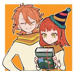 Rule 34 | 1boy, 1girl, book, brother and sister, closed eyes, closed mouth, fire emblem, fire emblem engage, hahm0106, hair between eyes, hat, highres, holding, holding book, long sleeves, medium hair, nintendo, orange hair, pandreo (fire emblem), panette (fire emblem), party hat, short hair, siblings, smile, yellow eyes