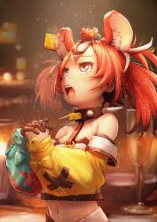 Rule 34 | 1girl, animal ears, bare shoulders, blurry, blurry background, collar, commentary, crop top, detached sleeves, glass, grey eyes, hair between eyes, hakos baelz, highres, hololive, hololive english, looking up, meme, midriff, mitsuru (pixiv 34028718), mouse ears, mouse girl, mr. squeaks (hakos baelz), navel, open mouth, own hands together, red hair, salt, sharp teeth, short hair, sidelocks, spiked collar, spikes, symbol-only commentary, tearing up, teeth, two side up, virtual youtuber