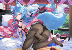 Rule 34 | 1girl, absurdres, alternate costume, animal ear fluff, animal ears, architecture, ass, back bow, ball, bed, black bow, black panties, black pantyhose, blue eyes, blue hair, blue sky, blush, bow, breasts, bright pupils, building, cherry blossom print, cloud, curtains, day, detached sleeves, east asian architecture, feet, floating hair, floral print, foreshortening, from side, full body, gradient clothes, hair bow, high heels, highres, hyouta (yoneya), indoors, japanese clothes, kemonomimi mode, kimono, legs, light blush, long hair, long sleeves, looking at viewer, looking back, multicolored hair, no bra, no shoes, on bed, original, panties, panties under pantyhose, pantyhose, paw print, pillow, pink bow, pink hair, pink kimono, pink ribbon, qiya (kia 098), red bow, red eyes, ribbon, sandals, unworn sandals, second-party source, short kimono, sideboob, sky, sleeves past fingers, sleeves past wrists, small breasts, soles, solo, streaked hair, tail, tassel, temari ball, thighband pantyhose, toes, two-tone hair, underwear, very long hair, white ribbon