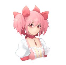 Rule 34 | 10s, 1girl, bad id, bad pixiv id, blush, choker, inja, kaname madoka, looking at viewer, magical girl, mahou shoujo madoka magica, mahou shoujo madoka magica (anime), pink eyes, pink hair, simple background, smile, solo, tears, twintails, upper body, white background
