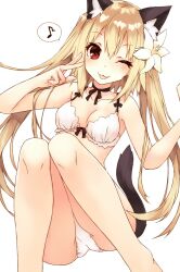 Rule 34 | 1girl, :3, animal ear fluff, animal ears, blonde hair, bra, cat ears, cat girl, cat tail, commentary, eighth note, fang, feet out of frame, flower, hair between eyes, hair flower, hair ornament, hand up, highres, long hair, looking at viewer, musical note, one eye closed, original, panties, red eyes, saeki touma, simple background, sitting, skin fang, smile, solo, spoken musical note, symbol-only commentary, tail, tongue, tongue out, twintails, underwear, underwear only, very long hair, w, white background, white bra, white panties