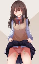 Rule 34 | 1girl, blue skirt, blush, bow, bowtie, breasts, bright pupils, brown hair, brown vest, clothes lift, collared shirt, constricted pupils, cowboy shot, female focus, grey background, have to pee, highres, japanese text, lifted by self, long hair, long sleeves, looking to the side, miniskirt, open mouth, original, panties, pee, peeing, peeing self, pink panties, plaid, plaid bow, plaid bowtie, pleated skirt, raised eyebrows, red bow, red bowtie, red eyes, school uniform, shirt, sidelocks, simple background, skirt, skirt lift, small breasts, solo, speech bubble, standing, surprised, thighs, translation request, trembling, two-tone background, underwear, vest, watakarashi, wet, wet clothes, wet panties, white pupils, white shirt, wide-eyed