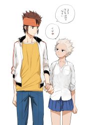Rule 34 | 1boy, 1girl, age difference, aged up, bad id, bad pixiv id, brown hair, endou mamoru, gender request, genderswap, gouenji shuuya, height difference, holding hands, inazuma eleven, inazuma eleven (series), kinokooooo, shirt, short hair, simple background, skirt, time paradox, white background, white hair