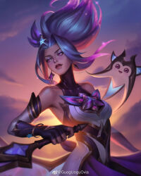 Rule 34 | 1girl, absurdres, akali, artist name, blue hair, chinese commentary, cloud, earrings, guoguoguovia, high ponytail, highres, holding, holding weapon, jewelry, league of legends, looking to the side, multicolored hair, official alternate costume, official alternate hairstyle, outdoors, parted lips, ponytail, purple eyes, purple hair, signature, sky, solo, star guardian (league of legends), star guardian akali, star guardian pet, streaked hair, sunset, two-tone hair, weapon