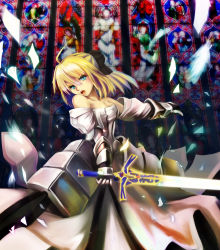 Rule 34 | 1girl, ahoge, armor, armored dress, artoria pendragon (fate), blonde hair, caliburn (fate), capcom, church, dress, fate/stay night, fate/unlimited codes, fate (series), faulds, green eyes, highres, kekkyojin, ponytail, ribbon, saber (fate), saber lily, solo, sword, weapon